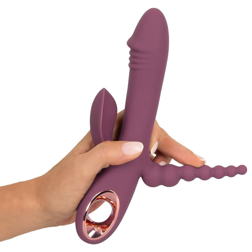 Slim Triple Plum Vibrator med Klitoris Stimulator & Anal Kæde