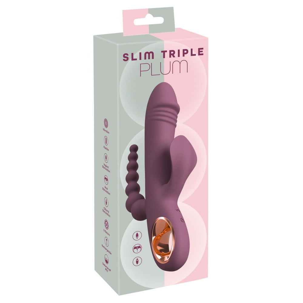 Slim Triple Plum Vibrator med Klitoris Stimulator & Anal Kæde