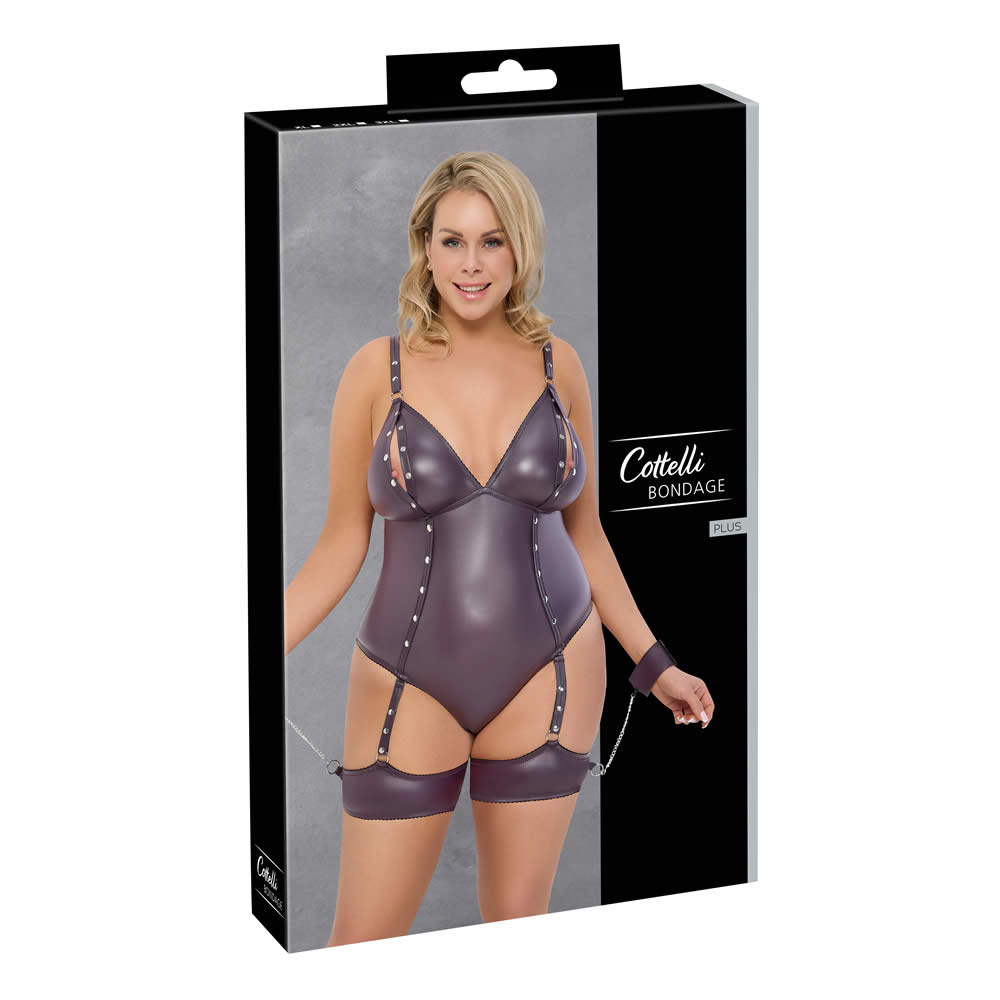 Lilla Plus Size Wetlook Body med Strømpebånd & Håndjern
