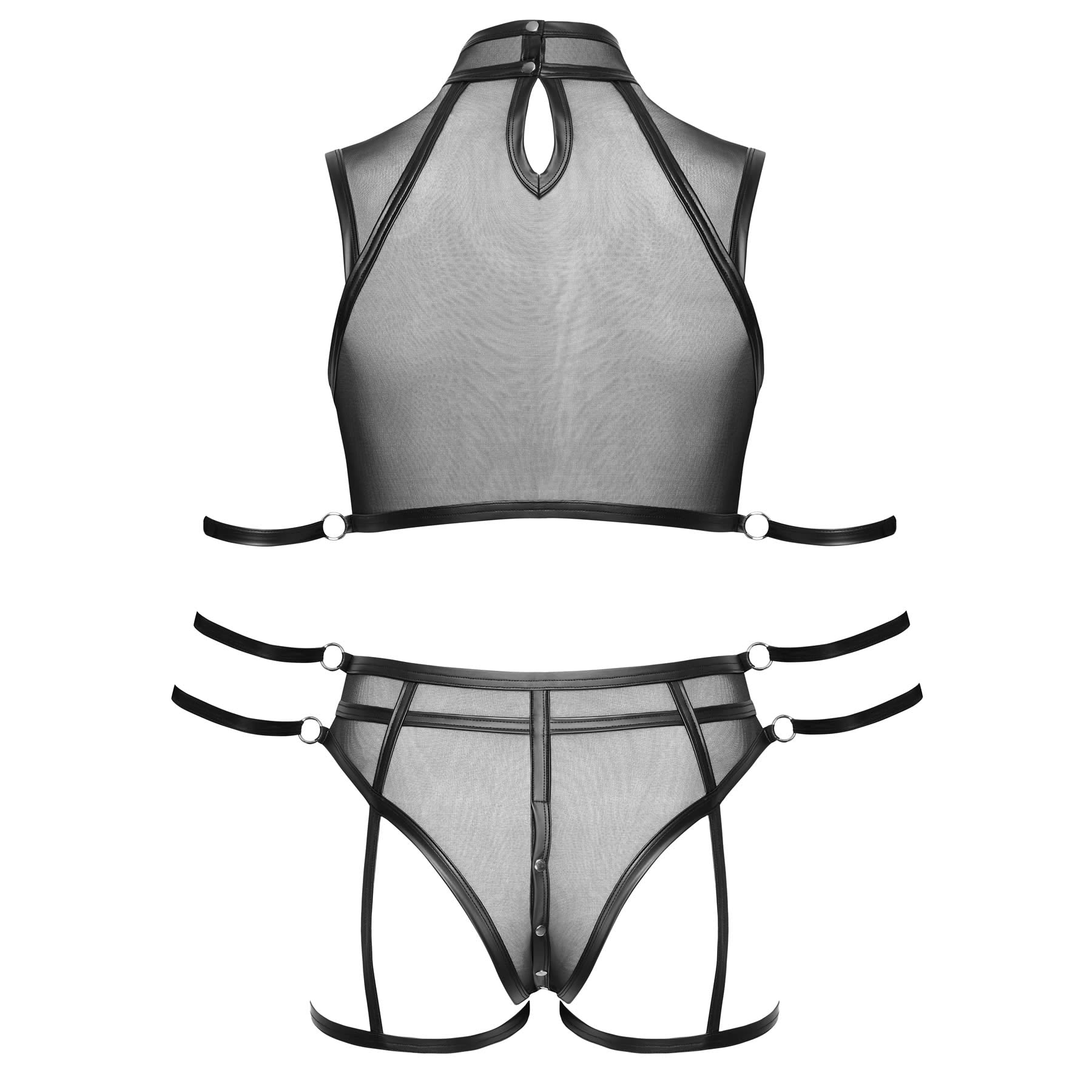 Transparent Plus Size Lingeri Sæt med Wetlook Striber og Håndjern