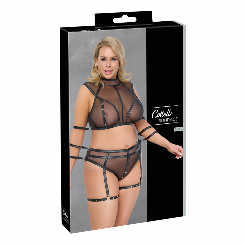 Transparent Plus Size Lingeri Sæt med Wetlook Striber og Håndjern